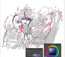 Rule 34 | ahoge, aotsuki eito, bisexual male, blood, blood on face, blush, braid, braided ponytail, glasses, greyscale, hair between eyes, kirifuji nozomi, long hair, long sleeves, messy hair, monochrome, multicolored hair, open mouth, sketch, sumino takumi, teeth, the hundred line -last defense academy-, unfinished