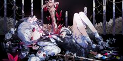 1girl beret bird black_dress black_hat blood bug butterfly closed_mouth commentary_request copyright_name dress empty_eyes expressionless flower full_body hat hat_flower highres impaled insect knees_up logo long_sleeves looking_at_viewer lying magical_girl mahou_shoujo_no_majo_saiban official_art on_back sakuraba_ema second-party_source shaded_face shirt short_hair solo stuffed_toy sword textless_version umemaro_(siona0908) weapon white_flower white_hair white_shirt