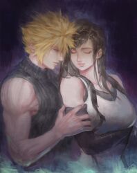 1boy 1girl absurdres arm_under_breasts bare_arms bare_shoulders black_gloves black_hair blonde_hair blue_eyes breasts closed_eyes closed_mouth cloud_strife commentary crop_top earrings elbow_gloves english_commentary facing_another final_fantasy final_fantasy_vii final_fantasy_vii_remake gloves hand_on_another&#039;s_arm heads_together highres jewelry large_breasts leaning_on_person light_smile long_hair midriff profile ribbed_sweater short_hair single_earring sleeveless sleeveless_turtleneck spiked_hair suspenders sweater tank_top tifa_lockhart toned toned_male turtleneck turtleneck_sweater twitter_username upper_body white_tank_top zoewingsz
