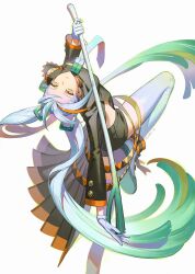 Rule 34 | 1girl, absurdres, armband, creatures (company), eyeliner, eyeshadow, fighting miku (project voltage), food, food-themed hair ornament, game freak, gloves, green armband, hair ornament, hatsune miku, highres, holding, holding food, holding spring onion, holding vegetable, light green hair, long hair, looking at viewer, makeup, multicolored hair, necktie, nintendo, orange eyeliner, orange eyeshadow, pokemon, project voltage, solo, spring onion, spring onion hair ornament, thighhighs, twintails, unconventional weapon, upside-down, vegetable, very long hair, vocaloid, white gloves, white hair, white necktie, zzom b