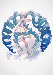1girl aqua_bow aqua_bowtie aqua_eyes aqua_hair armpits bare_shoulders boots bow bowtie character_name drill_hair fingers_to_cheeks full_body gloves gold_tiara gradient_background grey_background hair_between_eyes hair_ornament hairpin hashtag-only_commentary hatsune_miku high_heel_boots high_heels highres knee_boots leg_up long_hair merry_tommy multiple_hairpins musical_note musical_staff open_mouth petticoat planet shirt simple_background skirt sleeveless sleeveless_shirt smile solo sparkle standing standing_on_one_leg star_(symbol) tassel teeth tiara twin_drills twintails upper_teeth_only very_long_hair vocaloid white_boots white_gloves white_shirt white_skirt