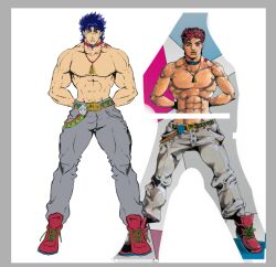 Rule 34 | 1boy, abs, araki hirohiko (style), belt, birthmark, blue hair, genda art, joestar birthmark, jojo no kimyou na bouken, jonathan joestar, male focus, muscular, muscular male, official alternate costume, pants, phantom blood, redrawn, stone mask (jojo)