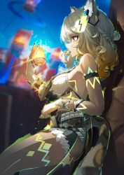 Rule 34 | absurdres, animal ears, arm strap, bare shoulders, blonde hair, braid, breasts, cutoffs, gem, genshin impact, gold nails, green eyes, hair ornament, hairclip, high-waist shorts, highres, holding, jaguar ears, jaguar girl, jaguar tail, jelmul, jewelry, large breasts, long hair, looking at object, multiple rings, nail polish, pantyhose, ring, shorts, tail, xilonen (genshin impact)