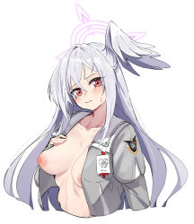 1girl blue_archive breasts fon_(96nokimihito) grey_hair halo long_hair looking_at_viewer medium_breasts nipples school_uniform serafuku simple_background solo suzumi_(blue_archive) twintails upper_body white_background