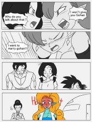 2boys 3girls blush breasts chi-chi_(dragon_ball) china_dress chinese_clothes cleavage comic commentary confession curly_hair dome dougi dragon_ball dragonball_z dress earrings english_text full-face_blush greyscale hair_bun height_difference highres jewelry long_hair medium_breasts monochrome multiple_boys multiple_girls muscular muscular_male orange_hair partially_colored pointy_ears son_gohan son_goten user_drzw2874 videl zangya