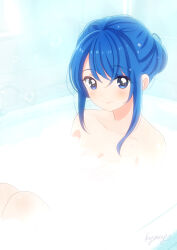 1girl bathroom bathtub blue_eyes blue_hair breasts cleavage closed_mouth collarbone hair_between_eyes hirogaru_sky!_precure indoors kyanos_(b_0000ff) nude partially_submerged precure sidelocks signature small_breasts smile soap solo sora_harewataru