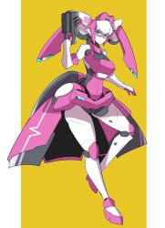 Rule 34 | 1girl, altronage, arcee, autobot, blue eyes, commentary, english commentary, glasses, gun, highres, holding, holding gun, holding weapon, looking down, mechanical skirt, redesign, transformers, twintails, weapon