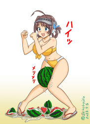 1girl ahoge between_thighs bikini breasts brown_hair chougei_(kancolle) chougei_(swimsuit)_(kancolle) cleavage dated food front-tie_bikini_top front-tie_top fruit full_body geru gradient_background grey_eyes hair_rings kantai_collection large_breasts long_hair official_alternate_costume orange_bikini sandals solo swimsuit twitter_username visor_cap watermelon watermelon_between_thighs white_background