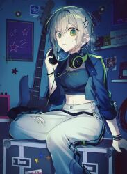1girl blue_jacket bracelet breasts crop_top find_the_dream_view_(project_sekai) green_eyes guitar hair_bun hair_ornament hairclip headphones headphones_around_neck highres hinomori_shiho holding instrument jacket jewelry looking_at_viewer midriff mochi_lucy navel pants project_sekai short_hair sitting solo speaker torn_clothes torn_pants white_pants