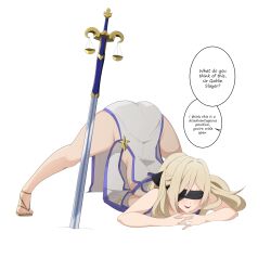 1girl absurdres ass black_blindfold blindfold blonde_hair breasts commentary commission dress english_commentary english_text goblin_slayer! highres jack-o&#039;_challenge large_breasts long_hair parted_lips polearm sandals sideboob sideless_dress simple_background solo speech_bubble spread_legs sword_maiden swordstaff toes top-down_bottom-up umisaki weapon white_background white_dress