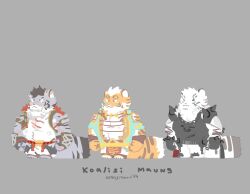 3boys :3 animal_ears arknights artist_name bara black_hair chibi chibi_only closed_mouth dated furry furry_male grey_background grey_fur indonesian_text lin_hu_(nekojishi) looking_to_the_side mountain_(arknights) multiple_boys muscular muscular_male nekojishi orange_fur orenjimaru sdorica smile tail tiger_boy tiger_ears tiger_stripes tiger_tail translation_request white_fur white_hair yao_(sdorica)
