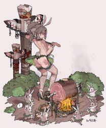 Rule 34 | 1girl, ?, absurdres, animal ears, ass, back, bare shoulders, black shoes, black thighhighs, bodypaint, breasts, cooking, dancing, facial mark, fishnet thighhighs, fishnets, food, grey hair, happening18, high heels, highres, large breasts, long hair, meat, monster, open mouth, original, ponytail, rabbit ears, rabbit tail, shoes, sideboob, solo, spoken question mark, tail, thighhighs, totem