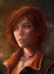 Rule 34 | 1girl, absurdres, green eyes, highres, jewelry, looking to the side, necklace, portrait, red hair, shani (the witcher), short hair, signature, solo, tatiana hordiienko, the witcher (series), the witcher 3