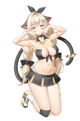 1girl absurdres animal_ears armpits arms_up bare_arms bare_shoulders bell black_choker black_shirt black_skirt blonde_hair blue_eyes bow braid breasts cat_ears cat_girl cat_tail choker cleavage cleavage_cutout closed_mouth clothing_cutout collared_shirt commentary_request commission crop_top double_v facial_mark front-tie_top hair_bow hair_ribbon highres jingle_bell keibeam knee_pads kneeling korean_commentary large_breasts long_hair looking_at_viewer midriff miniskirt navel original panty_straps pleated_skirt ribbon second-party_source shirt shoes simple_background single_knee_pad skirt sleeveless sleeveless_shirt smile sneakers socks solo stomach tail thighs twin_braids twintails two-tone_shirt v very_long_hair white_background white_socks