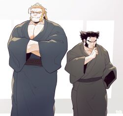 2boys arm_hair arm_out_of_sleeve bara bare_pectorals blonde_hair blue_eyes blue_kimono chest_hair cigar closed_mouth collarbone facial_hair forked_eyebrows grey_kimono hands_in_opposite_sleeves height_difference japanese_clothes kimono large_pectorals long_hair long_sideburns looking_at_another male_focus marvel multiple_boys muscular muscular_male pectoral_cleavage pectorals ponytail sabertooth_(x-men) sekijaku short_hair sideburns smile tusks wolverine_(x-men) x-men yaoi yukata
