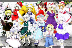 6+girls alice_margatroid animal_ear_piercing animal_ears aqua_skirt aqua_vest black_bow black_bowtie black_footwear black_hat black_skirt black_vest blonde_hair blue_dress blue_eyes blue_hat blue_kimono blue_sash blue_skirt blue_tabard blue_vest bow bowtie brown_eyes brown_hair capelet cat_ears chen crescent dress elbow_gloves fairy fairy_wings fox_tail gap_(touhou) gloves green_eyes green_hat hairband hat hat_ribbon hitodama holding holding_sword holding_weapon hourai_doll instrument japanese_clothes keyboard_(instrument) kimono konpaku_youmu konpaku_youmu_(ghost) lapel_pin letty_whiterock lily_white long_hair lunasa_prismriver lyrica_prismriver mary_janes medinki merlin_prismriver mob_cap multiple_girls multiple_tails neck_ribbon official_style orange_hair perfect_cherry_blossom pink_hair pink_sash purple_dress purple_eyes red_hairband red_ribbon ribbon saigyouji_yuyuko sash shanghai_doll shoes short_hair siblings sisters skirt skirt_set sword tabard tail touhou triangular_headpiece trumpet vest violin weapon white_capelet white_gloves white_hat white_skirt white_vest wings yakumo_ran yakumo_yukari yellow_eyes zun_(style)