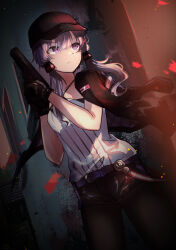Rule 34 | 1girl, a.i. voice, absurdres, baseball cap, belt, black gloves, black jacket, black pantyhose, black shorts, closed mouth, cowboy shot, criss-cross halter, dutch angle, gloves, gun, hair between eyes, hair tubes, halterneck, handgun, hands up, hat, highres, holding, holding gun, holding weapon, jacket, jacket on shoulders, long hair, looking to the side, open clothes, open jacket, pantyhose, pantyhose under shorts, pty, purple belt, purple eyes, purple hair, serious, shirt, short hair with long locks, short shorts, shorts, sidelocks, sleeveless, sleeveless shirt, solo, standing, striped clothes, striped shirt, two-handed, v-shaped eyebrows, vertical-striped clothes, vertical-striped shirt, voiceroid, weapon, white shirt, yuzuki yukari, yuzuki yukari (nagi)
