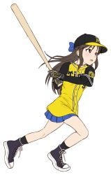 1girl baseball_bat baseball_cap baseball_jersey black_hair black_hat black_shoes black_socks blue_bow blush bow brown_eyes brown_hair converse female_focus full_body hair_bow hanshin_tigers hat idolmaster idolmaster_cinderella_girls jersey left-handed long_hair nigou nippon_professional_baseball open_mouth raglan_sleeves shirt shoes sidelocks simple_background sneakers socks solo swinging tachibana_arisu white_background yellow_shirt