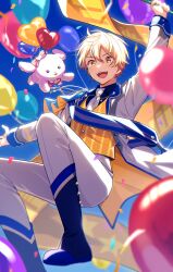 Rule 34 | 1boy, :d, arm up, balloon, blonde hair, blue boots, boots, commentary request, foot out of frame, highres, jacket, kani 2hiki, long sleeves, looking at viewer, male focus, necktie, open clothes, open jacket, open mouth, pants, project sekai, short hair, smile, solo, striped clothes, striped vest, teeth, tenma tsukasa, upper teeth only, vest, white jacket, white necktie, white pants, yellow eyes, yellow vest