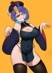 1girl blue_eyes blue_hair breasts chinese_clothes cleavage cleavage_cutout clothing_cutout covered_navel fake_nails grin highres jiangshi_costume large_breasts looking_at_viewer meru_(twt_zet) mole mole_on_breast nail_polish outstretched_arms red_nails short_hair simple_background smile solo thighhighs thighs zet_(twt_zet) zombie_pose