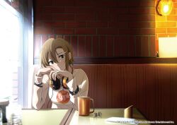 1girl booth_seating brick_wall brown_hair closed_mouth copyright_name copyright_notice cup elbows_on_table fragments_of_the_idolmaster_cinderella_girls green_eyes hair_between_eyes hair_ornament hairclip hands_up head_rest headphones headphones_around_neck highres idolmaster idolmaster_cinderella_girls indoors jewelry lamp long_sleeves looking_at_viewer official_art own_hands_together print_shirt restaurant ring sakeharasu second-party_source shirt short_hair sidelighting solo table tada_riina upper_body white_shirt window