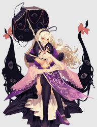 Rule 34 | 1girl, absurdres, black thighhighs, blonde hair, breasts, dress, full body, fur trim, gap (touhou), grey background, hairband, high heels, highres, holding, holding umbrella, jewelry, koumajou densetsu, koumajou densetsu 2, lips, long hair, looking at viewer, necklace, parasol, purple dress, red eyes, ribbon, shoes, sitting, solo, tabard, thighhighs, tomatolover16, touhou, umbrella, wide sleeves, yakumo yukari