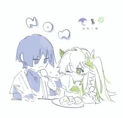 1boy 1girl blunt_ends bodysuit bracelet bright_pupils candied_ajilenakh_nut_(genshin_impact) cropped_torso cross-shaped_pupils dress eating eyelashes feeding fork fuchin22 genshin_impact green_eyes green_hair grey_eyes grey_hair hair_ornament hand_rest holding holding_fork holding_spoon japanese_clothes jewelry juban kimono leaf leaf_hair_ornament limited_palette long_hair multicolored_hair nahida_(genshin_impact) om_nom_nom one_eye_closed open_clothes open_kimono open_mouth plate scaramouche_(genshin_impact) short_sleeves shoulder_peek side_ponytail sidelocks sound_effects spoon streaked_hair symbol-shaped_pupils wanderer_(genshin_impact) white_pupils wiping_face