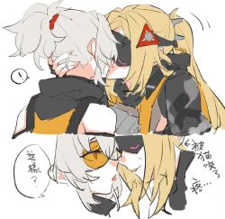! 2girls after_kiss black_mask blonde_hair eye_mask grey_hair kiss long_hair multiple_girls ponytail rekka saliva saliva_trail short_hair soldier_11_(zenless_zone_zero) speech_bubble spoken_exclamation_mark tongue tongue_out translation_request trigger_(zenless_zone_zero) yuri zenless_zone_zero