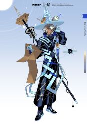 Rule 34 | 1boy, animal, bird, black robe, blue background, brown hair, commentary, dark-skinned male, dark skin, edarow, english commentary, full body, glasses, gradient background, hat, holding, holding pen, looking at viewer, mage staff, male focus, original, owl, pen, robe, satellite, satellite dish, short hair, solo, staff, standing, transmission tower, wizard, wizard hat