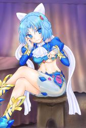 10s 1girl absurdres ascot blue_eyes blue_hair braid breasts clothes_lift highres jewelry ludmila_lourie madan_no_ou_to_vanadis midriff navel panties ribbon see-through_clothes shirt_lift shoes short_hair skirt smile underboob underwear