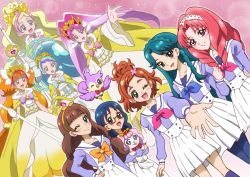6+girls ;d akagi_towa amanogawa_kirara aroma_(go!_princess_precure) bird black_hair blue_bow blue_eyes blue_hair bow braid brooch brown_eyes brown_hair cape crown_braid cure_flora cure_flora_(grand_princess) cure_mermaid cure_mermaid_(grand_princess) cure_scarlet cure_scarlet_(grand_princess) cure_twinkle cure_twinkle_(grand_princess) dog dress dual_persona glasses go!_princess_precure grand_princess_(go!_princess_precure) green_eyes haruno_haruka jewelry kaidou_minami long_hair multicolored_hair multiple_girls nanase_yui one_eye_closed onomekaman open_mouth orange_bow pink_background pink_bow precure puff_(go!_princess_precure) purple_hair red_eyes red_hair school_uniform short_hair skirt smile star_brooch streaked_hair twintails two-tone_hair white_skirt