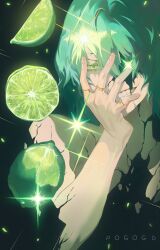 1boy absurdres anaxa_(honkai:_star_rail) aqua_hair artist_name cracked_skin food fruit green_eyes grin hand_up highres honkai:_star_rail honkai_(series) jewelry lime_(fruit) lime_slice looking_at_viewer male_focus multiple_rings pogogu red_pupils ring smile solo teeth upper_body