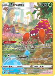 1boy artist_name brown_hair bug card_(medium) character_name closed_mouth company_name copyright_name copyright_notice dark-skinned_male dark_skin english_text gen_1_pokemon ginkgo_guild_uniform holding holding_mushroom katou_oswaldo leaf male_focus moss mushroom nintendo no_pupils official_art outdoors paras parasect pokemon pokemon_(creature) pokemon_card pokemon_focus pokemon_legends:_arceus pokemon_tcg short_hair third-party_source trading_card tree