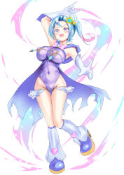 Rule 34 | 1girl, absurdres, armpits, blue hair, boots, breasts, cape, commentary, covered erect nipples, covered navel, full body, gloves, heart, highres, impossible clothes, lactation, large breasts, leotard, magical girl, menmon, nipple piercing, original, piercing, piercing through clothes, pointing, pointing at viewer, pubic hair, purple eyes, purple leotard, ribbon, see-through clothes, side ponytail, smile, solo