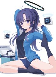 1boy 1girl black_shirt black_socks blue_archive blue_buruma blue_jacket blush breasts buruma closed_mouth doodle_sensei_(blue_archive) drone halo highres jacket long_hair long_sleeves looking_at_viewer mechanical_halo medium_breasts navel official_alternate_costume open_clothes open_jacket purple_eyes purple_hair sensei_(blue_archive) shijima_(shijima_tc) shirt simple_background socks track_jacket white_background yuuka_(blue_archive) yuuka_(track)_(blue_archive)