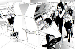 3boys 3girls arcade arcade_cabinet bag bow bowtie brother_and_sister character_doll closed_eyes clothes_grab collared_shirt commentary_request controller crane_game dante_(limbus_company) dark-skinned_male dark_skin don_quixote_(project_moon) fang hair_bun heathcliff_(project_moon) highres hong_lu_(project_moon) jia_xichun_(project_moon) joystick limbus_company looking_at_another maki_maki_(makimakipoipoi) middle_finger monochrome mouth_hold multicolored_hair multiple_boys multiple_girls plastic_bag pleated_skirt ponytail project_moon ryoshu_(project_moon) school_bag school_uniform shirt siblings sinclair_(project_moon) skirt smile streaked_hair tile_floor tiles track_suit twintails