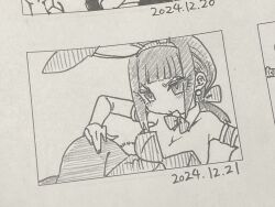1girl 2025 :/ alternate_breast_size alternate_hairstyle animal_ears bleach blush breasts chibi cleavage curvy dated dokugamine_riruka earrings embarrassed fake_animal_ears fake_tail fingernails hand_on_own_hip hanya_(hanya_yashiki) highleg highleg_leotard jewelry large_breasts leotard long_hair looking_at_viewer low_ponytail lying monochrome nail_polish on_side pantyhose photo_(medium) playboy_bunny ponytail rabbit_ears rabbit_tail simple_background solo tail traditional_media tsundere twintails very_long_hair white_background