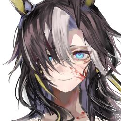 1girl absurdres animal_ears black_hair blonde_hair blue_eyes dream_journey_(umamusume) ear_ornament eyewear_strap hair_over_one_eye highres horse_ears horse_girl looking_at_viewer luhuayoushiyiy1 messy multicolored_hair single_hair_intake smile solo streaked_hair umamusume