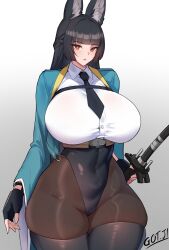 Rule 34 | 1girl, absurdres, alternate breast size, animal ear fluff, animal ears, black hair, black leotard, black pantyhose, black skirt, blunt bangs, breasts, fox ears, fox girl, gloves, got ji (gojich1), green jacket, high-waist skirt, highres, holding, holding sword, holding weapon, hoshimi miyabi, huge breasts, jacket, katana, leotard, long hair, necktie, pantyhose, red eyes, sheath, shirt, sidelocks, skirt, solo, sword, thighhighs, weapon, white shirt, zenless zone zero