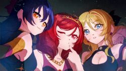 3girls ayase_eli bare_shoulders black_background blonde_hair blue_eyes blue_hair breasts cleavage closed_mouth colored_eyelashes commentary_request earrings flower_earrings hand_up heart highres index_finger_raised jewelry long_hair looking_at_viewer love_live! love_live!_school_idol_project medium_hair multiple_girls nishikino_maki one_eye_closed orange_eyes parted_lips red_eyes red_hair simple_background sleeveless soldier_game sonoda_umi teeth tiara tsubaki_no_shioyaki upper_body