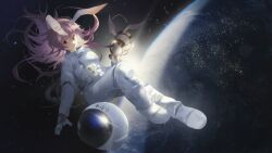1girl alternate_costume animal_ears chinese_text commentary_request earth_(planet) helmet highres kinoko_(kino2435006) long_hair looking_at_viewer lunatic_gun open_mouth planet purple_hair rabbit_ears rabbit_girl reisen_udongein_inaba solo space space_helmet spacesuit star_(sky) touhou translation_request unworn_headwear unworn_helmet very_long_hair