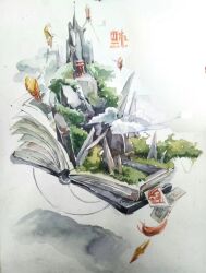aircraft book chinese_commentary cloud commentary_request dated hot_air_balloon kong_tiao_bo_zi mountain no_humans open_book original painting_(medium) photo_(medium) shadow torii traditional_media turning_page water watercolor_(medium) waterfall