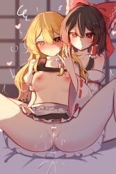 2girls absurdres after_fingering apron black_vest blonde_hair blush bow braid breasts brown_hair clothes_lift commentary_request detached_sleeves frilled_apron frilled_bow frilled_hair_tubes frilled_skirt frills front-to-back futon hair_tubes hakurei_reimu heart heavy_breathing highres kirisame_marisa long_hair medium_breasts multiple_girls puffy_short_sleeves puffy_sleeves pussy pussy_juice pussy_juice_on_fingers pussy_juice_puddle pussy_juice_trail reach-around red_bow red_eyes shen_bi_ren_(user_rjgy2824) shirt_lift short_sleeves shouji side_braid single_braid skirt sliding_doors smile topless_female touhou turtleneck twitching vest yellow_eyes yuri
