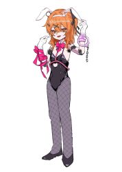 1girl a.i._voice adachi_rei alternate_costume android animal_ears arm_ribbon black_leotard black_ribbon black_shoes bow bowtie clothing_cutout fishnet_pantyhose fishnets flat_chest full_body gloves hair_ornament hair_ribbon hairband hands_up heart_cutout joints kuuurusuke leotard long_hair looking_at_viewer orange_eyes orange_hair pantyhose pink_bow pink_bowtie pink_ribbon playboy_bunny rabbit_ears rabbit_hair_ornament ribbon robot_joints shoes simple_background single_handcuff solo spaghetti_strap standing utau white_background white_gloves white_hairband