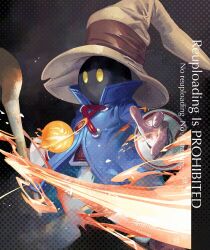 Rule 34 | 1boy, black mage (final fantasy), blue coat, boots, brown boots, brown gloves, coat, cofffee, dated, final fantasy, final fantasy ix, fire, fireball, gloves, glowing, glowing eyes, hat, holding, holding staff, magic, male focus, panties, solo, staff, striped clothes, striped panties, twitter username, underwear, vivi ornitier, wizard hat, yellow eyes