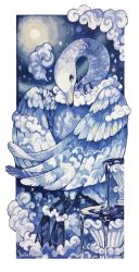 absurdres acrylic_paint_(medium) animal animal_focus artist_name bird blue_eyes border closed_mouth cloud fountain full_body full_moon gem highres jewelry moon necklace night no_humans original outdoors outside_border painting_(medium) signature star_(sky) star_(symbol) susutouka swan traditional_media water white_border