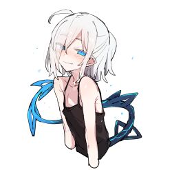 Rule 34 | 1girl, ahoge, azuma shino, bare shoulders, black shirt, blue eyes, blush, closed mouth, commentary request, cropped arms, cropped torso, dragon girl, dragon tail, eyes visible through hair, fang, flat chest, hair over one eye, half updo, highres, looking at viewer, medium hair, nose blush, nowareno (azuma shino), original, pointy ears, ponytail, shirt, simple background, skin fang, slit pupils, smile, solo, spaghetti strap, tail, upper body, white background, white hair