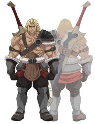 Rule 34 | 2boys, abs, anime coloring, arm armor, armor, armored boots, arnold hale, back, bare pectorals, biceps, blonde hair, boots, brown boots, brown gloves, brown pants, clenched hands, closed mouth, curtained hair, full body, gloves, greatsword, hair slicked back, highres, holding, holding sword, holding weapon, huge weapon, isouchi yuusuke, large pectorals, long hair, looking at viewer, male focus, multiple boys, multiple views, muscular, muscular male, nageki no bourei wa intaishitai, official art, pants, pectorals, simple background, standing, sword, sword on back, topless male, transparent background, v-shaped eyebrows, weapon, weapon on back
