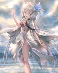 1girl ass_peek clothing_cutout cloud cloudy_sky commentary_request dress feet_out_of_frame flat_chest flower from_side goto_p grey_eyes hair_flower hair_ornament hand_up horizon kneepits long_hair neck_ribbon open_mouth outdoors philia_(tsui_no_stella) red_ribbon ribbon short_sleeves side-tie_dress side_cutout side_slit sky smile solo standing thighs tsui_no_stella very_long_hair water white_dress white_hair wrist_ribbon