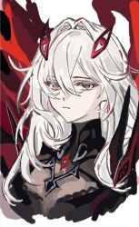 1girl blonde_hair chinese_commentary closed_mouth expressionless genshin_impact hair_between_eyes hair_intakes hair_ornament highres long_hair looking_at_viewer looking_to_the_side orange_eyes red_wings ronova_(genshin_impact) simple_background skin_tight solo upper_body wavy_hair white_background wings xinjinjumin599630364259